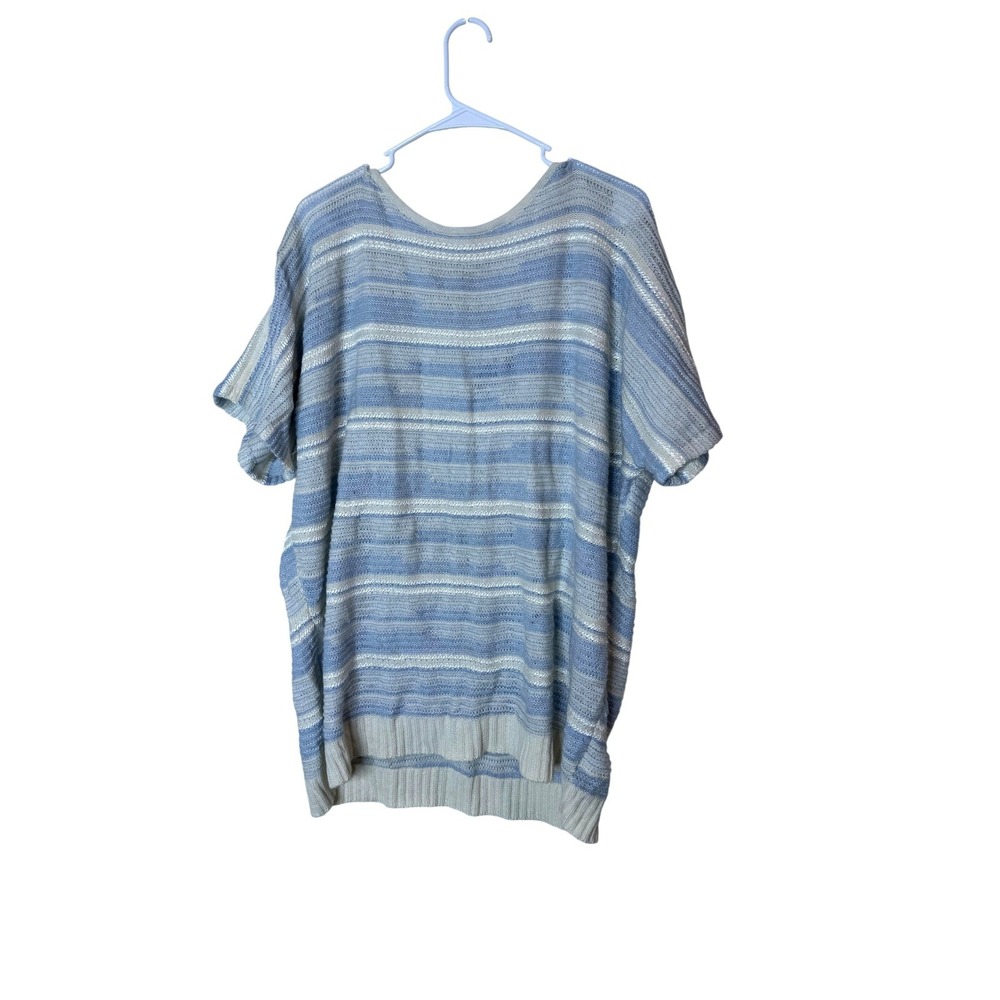 St. John Tunic Sweater Womens Large Blue Striped V Neck Dolman Cashmere Knit‎